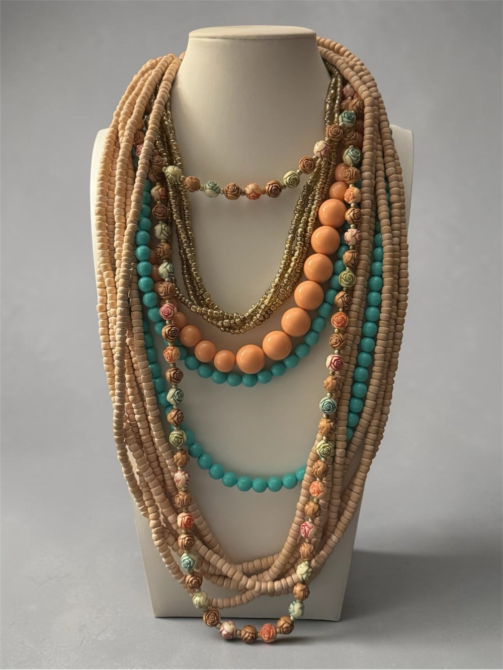 5 Separate Color Coordinating-Multi Strand Beaded Necklaces in Peach /Turquoise